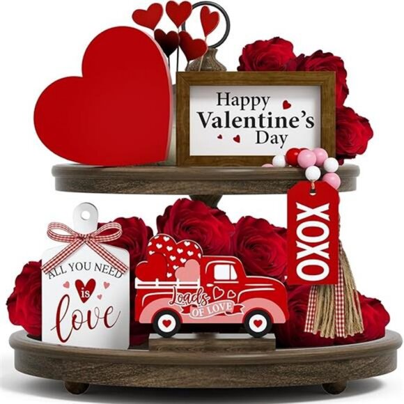 Valentine's Day Tiered Tray Decor Set 5 Pcs Heart Wooden Signs XOXO Bead - Picture 8 of 8